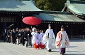 La majorité légale au Japon est fixée à l'âge de 20 ans, mais il est possible de se marier à 16 ans pour les femmes et à 18 ans pour les hommes, avec l'autorisation des parents. Le mariage civil relève d'un simple enregistrement auprès de l'état civil avec ou sans la présence des postulants. La plupart des japonais se considèrent shintoïstes et bouddhistes. Le mariage traditionel japonais se déroule dans un sanctuaire shintô. La mariée porte un kimono blanc symbole de virginité, le marié est vêtu d'un kimono noir. mariage,shinto,tokyo,japon. 